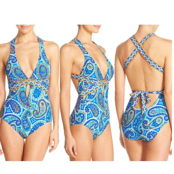 TRINA TURK Provence Paisley One-Piece Halter Swimsuit Size 8  Blue Strappy - Picture 4 of 7
